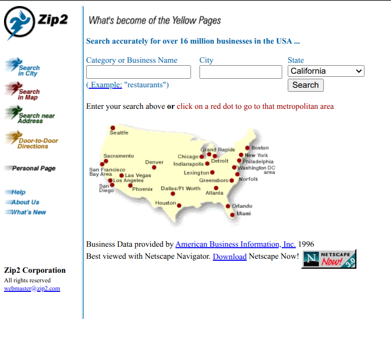 Zip2 homepage in 1996
